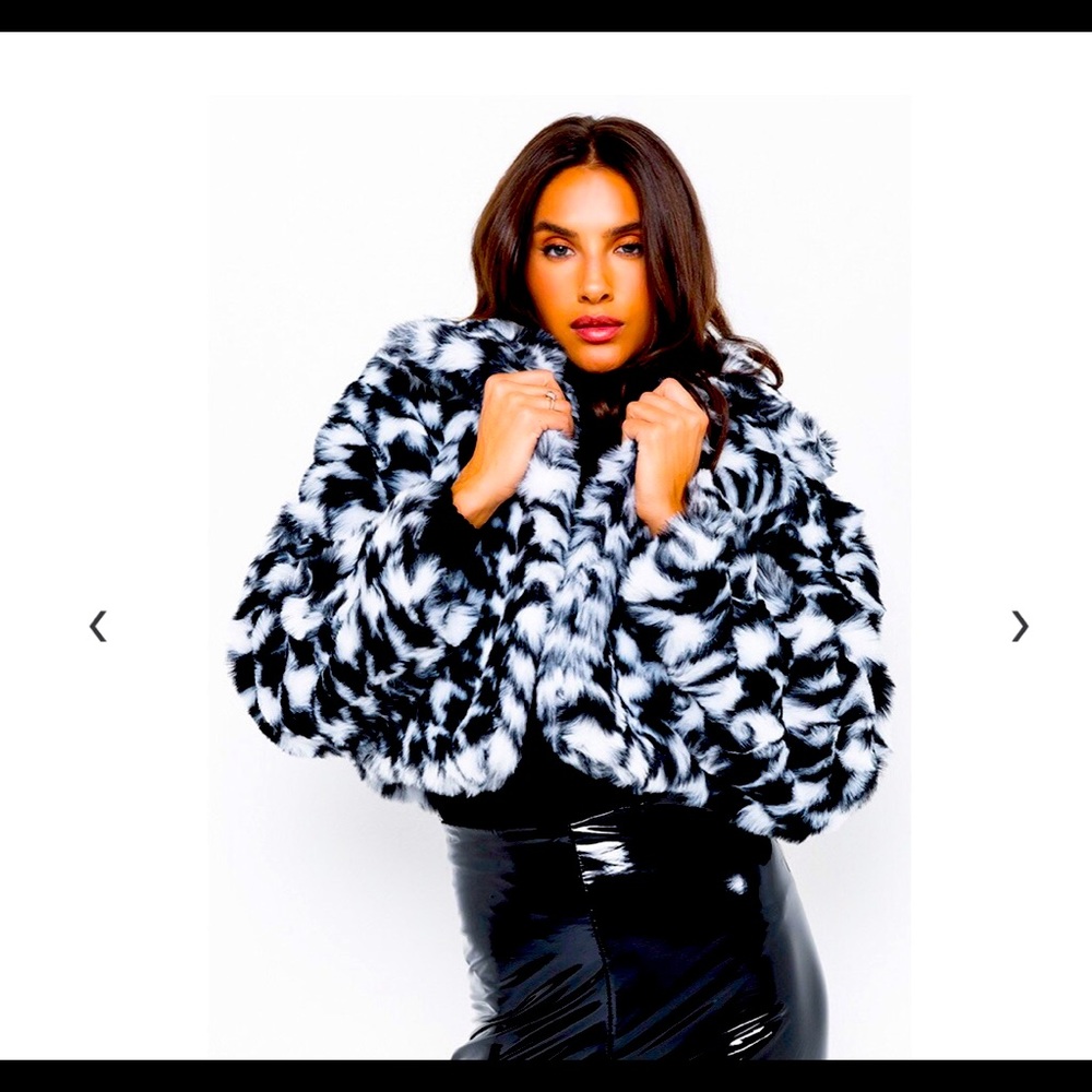 AZALEA WANG  CROP FAUX FUR HOUNDSTOOTH JACKET